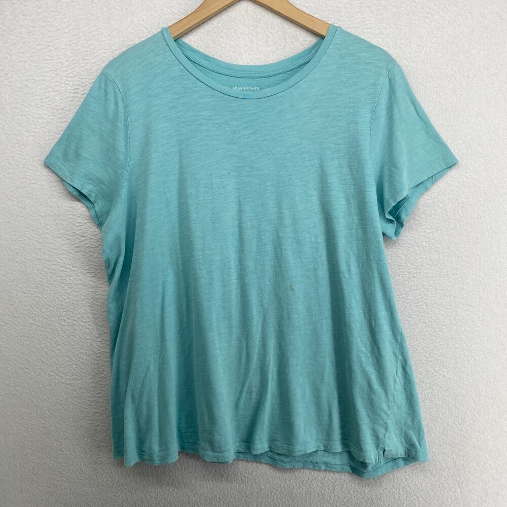 EILEEN FISHER Top XL Organic Cotton Slub Jersey Roundneck Short Sleeve Aqua Blue